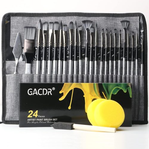 1 Acrylic Paint Brush Set, 24 Pieces Paint Brushes for Acrylic Painting with Cloth Roll Case and 2 Sponges, Pinceles para Acrilico for Oil Watercolor Gouache…
