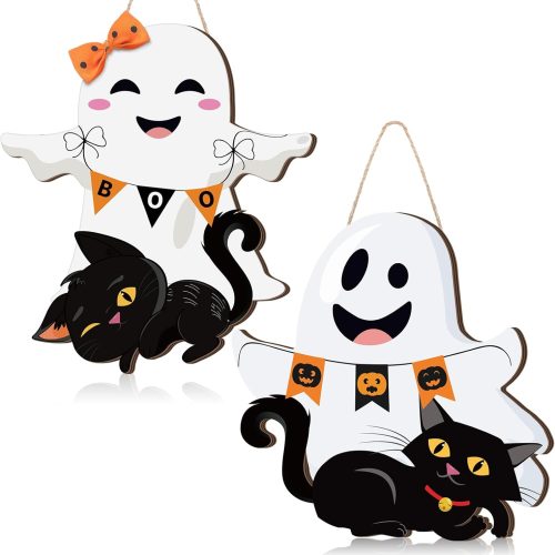 1 2 Pcs Halloween Ghost Witch Door Sign Boo Decorations Front Door Hanger Wreath Decor Black Cat Pumpkin Wooden Hanging Sign for Party Supplies (Ghost)