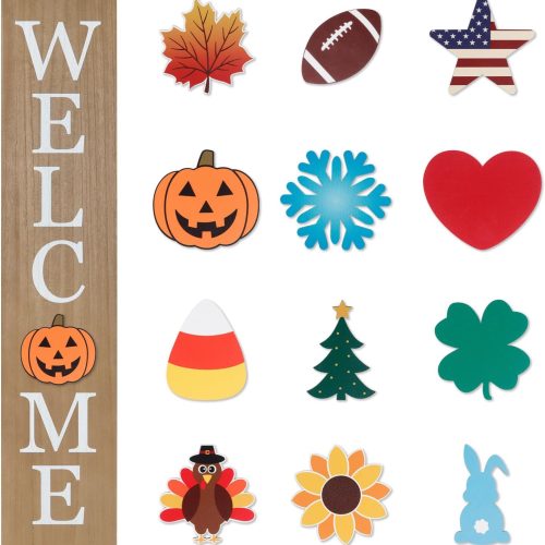 1 Interchangeable Welcome Sign for Front Porch- 45"X9" Large Standing/Hanging Wooden Sign with 12 PCS Replaceable Icons for 4th of July Fall Halloween Porch Wall Yard Decorations