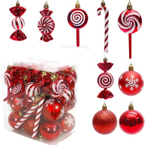 1 36 Pcs Red and White Christmas Ornaments, Shatterproof Plastic Red Christmas Ornaments for Tree - Candy Cane Christmas Decorations Candies Christmas Ball Ornaments (Red)