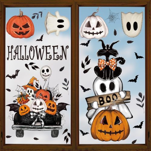 1 Horaldaily 50 PCS Halloween Window Cling Sticker, Jack-O-Lantern Pumpkin Cobweb Ghost Bats Cat Home Party Supplies Shop Window Glass Display Decoration