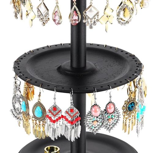1 Earring Holder Organizer, Rotating Solid Wood Earring Organizer Stand for Women Girls, 3-Tier Jewelry Holder Tree With 102 Holes for Display, Gifts for Her (Black)