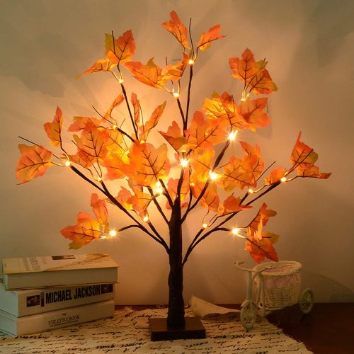 1 Artificial Fall Lighted Maple Tree 24 LED Thanksgiving Decorations Table Lights Battery Operated for Wedding Party Gifts Indoor Outdoor Autumn Harvest Home Decor