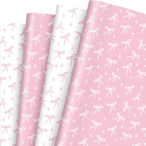 1 8 Sheets Pink Bow Wrapping Paper - Not Roll - Pink White Coquette Bowknot Gift Wrap Paper Folded Flat for DIY Crafts Birthday Baby Shower Bachelorette, 19.7 x 27.6 Inch