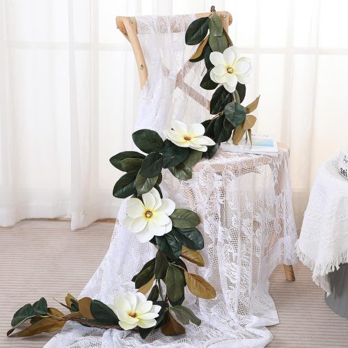 1 Jutom 6.6 FT Artificial Magnolia Garland, Christmas Garland Decor with White Magnolia Flower & Leaf for Indoor Outdoor Holiday Decor - Christmas Mantle, Fireplace, Table, Wedding Arch