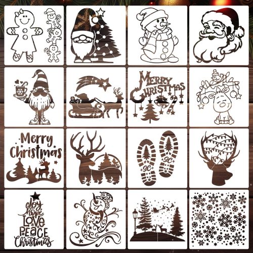 1 Christmas Stencils for Crafts Reusable 8” Large Christmas Stencil Santa Snowman Gnome Holiday Drawing Templates for Painting on Wood Doormat Fabrics Window Decor