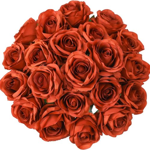 1 JUSTOYOU 10pcs Artificial Burnt Orange Roses Flower, Faux Rose for Wedding Arrangement,Single Fake Flower Realistic Blossom Roses, Real Touch Silk Rose for Home Decor Wedding Party (Burnt Orange)