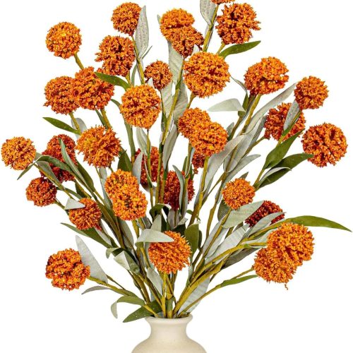 1 6 PCs Rustic Fall Flowers 17 Inches Boho Fall Floral Picks Faux Autumn Branches with Craspedia Orange Billy Balls Flowers for Vase Table Centerpieces Living Room Indoors Decor(Orange)