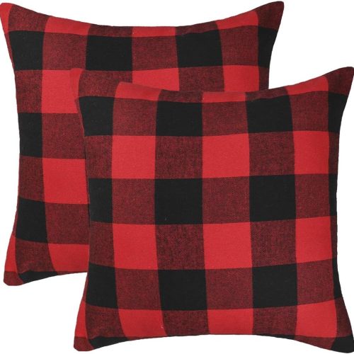 1 4TH Emotion Set of 2 Christmas Buffalo Check Plaid Throw Pillow Covers Cushion Case Polyester for Farmhouse Home Decor Red and Black, 18 x 18 Inches