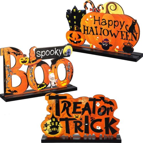 1 Blulu 3 Pcs Halloween Centerpieces for Tables Happy Indoor Table Decorations Pumpkin Table Centerpieces Wooden Boo Trick or Treat Sign for Halloween Party Indoor Tier Tray Room (Boo)