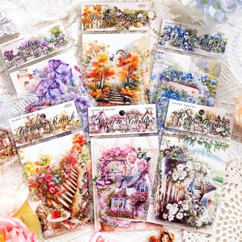 1 180pcs Garden Landscape PET Stickers Assorted Set, 6 Packs Cottagecore Scenery Flower Decals for Scrapbooking Papercrafting Card Making Junk Journaling Mixed Media Art Projects
