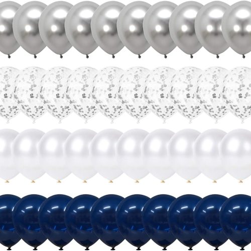1 Navy Blue and Silver Confetti Balloons, 50pcs 12 inch Metallic Silver and White Pearl Party Balloons for Shower Wedding Engagement Birthday Graduation Supplies