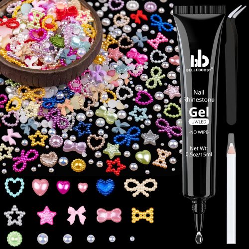 600Pcs 3D Multi Shapes Nail Charms and Flatback Pearls, Colorful&White Mix Styles Heart Star Bow Sunflower Embellishments for Nail Art, Craft and Decoration with Glue Gel, Tweezer and Pickup Pencil