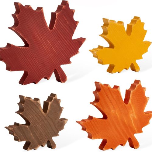 1 4PCS Fall Wooden Leaves Decor Wood Maple Leaf Sign Thanksgiving Table Decor Gift for Autumn Farmhouse Rustic Centerpieces Tabletop Tiered Tray Shelf Props Vintage Harvest Home Indoor Decorations