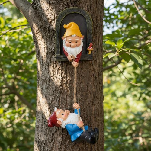 1 Elenon Climbing Gnomes Tree Faces Decor, Adorable Gnome Tree Hugger Fairy Garden Statue, Funny Peeker Sculpture Outdoor Yard Patio Art (2pcs)