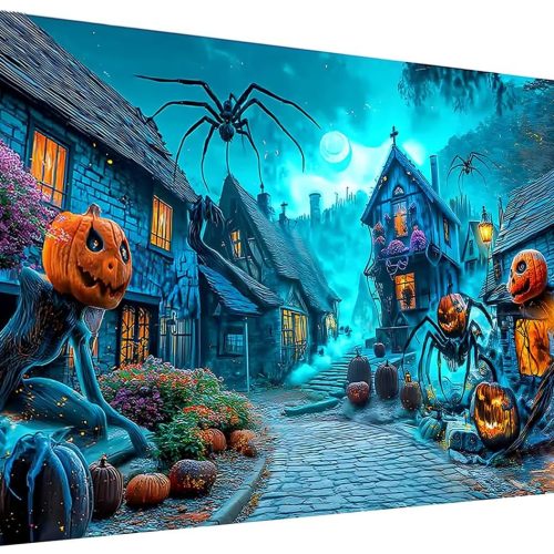 1 Ohhvvow Large Halloween Diamond Painting Kit - Epic Pumpkin Ghost Battle in Haunted Community, Halloween War Scene, 5D Full Drill Art Round Diamonds & Tools, Holiday DIY Craft Gift for Women Men