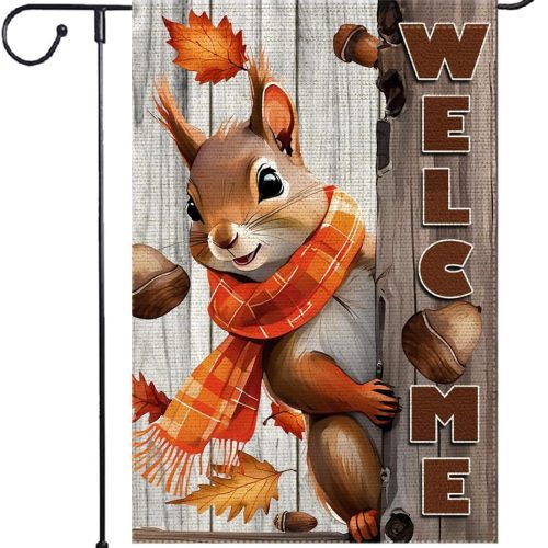 1 Welcome Fall Garden Flag 12x18inch The Nut Squirrel Fall Autumn Thanksgiving Garden Flags Yard Porch House Flag Double-Side For Home Outdoor Yard Patio Lawn Decor, Garden Decorations