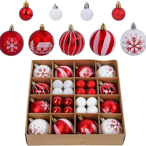 1 44Pcs Christmas Ball Red and White Christmas Ornaments Set for Garden Backyard Holiday Wedding Party Decor with 12 pcs 2.36” Large and 32 pcs 1.18” Mini Decorations Ornaments Bulk Balls