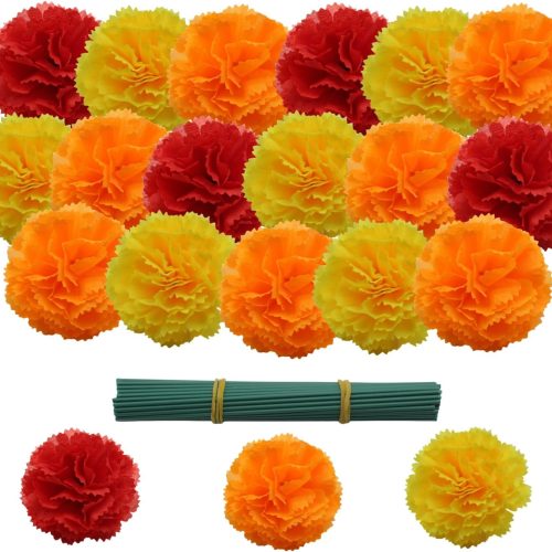 1 Marigold Artificial Flowers, 60Pcs Marigolds Faux Flower, Fake Marigolds Silk Flowers for Day of The Dead, Diwali, Dia De Los Muertos Decoration, Ofrenda Decor (Orange, Yellow, Red, 60Pcs)