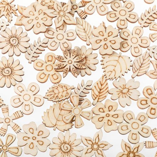1 100 Pack Wooden Flower Cutouts for Crafts, 20mm Wood Spring Ornaments to Paint Unfinished Blank Flowers Leaf Pieces Pattern Small Wood Embellishments for Home School DIY Craft Decoration (7 Styles)