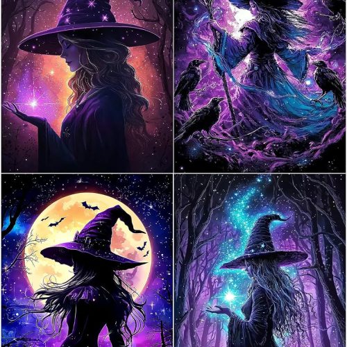 SENQAO Witch Diamond Art Kits for Adults, DIY 5D Halloween Diamond Painting Kits for Beginners, 4 Pack Round Full Drill Diamond Dots Paintings, Diamonds Pictures Gem Art Crafts Home Decor 12x12inch