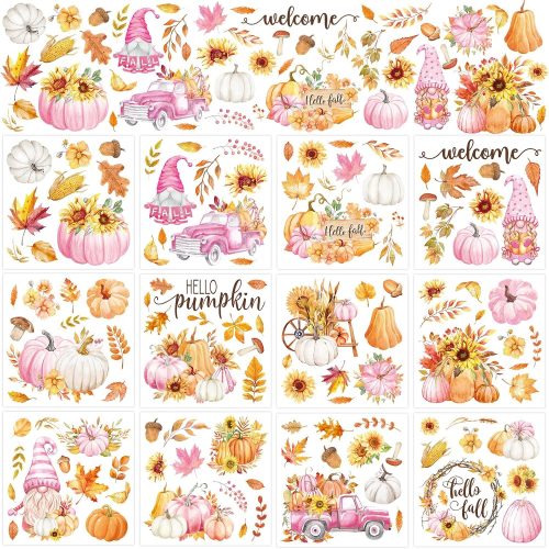 Whaline 12 Sheet Fall Rub on Transfers Pink Orange Pumpkin Sunflower Transfer Stickers Rustic Autumn Furniture Decals for Thanksgiving Home Office Paper Wood DIY Crafts