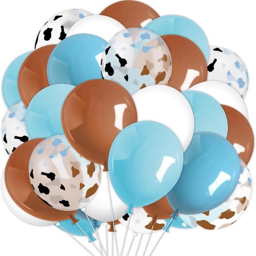 1 60Pcs Cowboy Western Party Balloon Blue Brown Cow Printed Latex Balloon Kit Cow Spot Clear Balloon for Wild West Birthday Baby Shower Farm Party Decor Supplies, 12 in