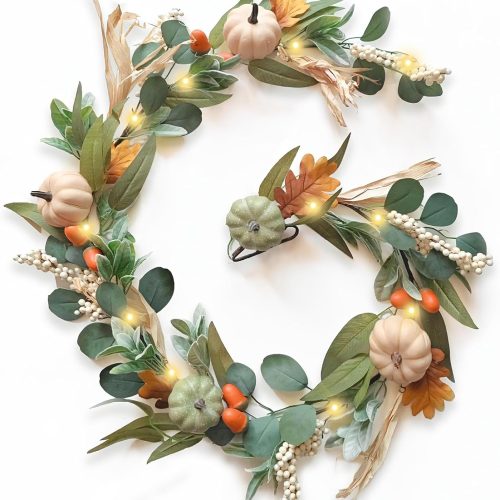 1 Fall Decorations for Home 6Ft Fall Garland with Lights, Autumn Fake Pumpkin Berry Maple Leaves Garland for Mantle Halloween Harvest Thanksgiving Fireplace Party, Fall Decor Outdoor Indoor Porch Vines