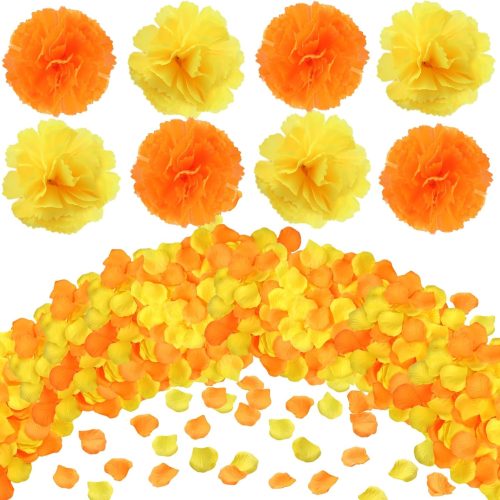 1 Lyrow 3100 Pcs Day of The Dead Marigolds and Rose Petals Set Orange Yellow 100 Marigold Heads 3000 Rose Marigold Flowers Petals for Decoration DIY Garland Craft Diwali Halloween