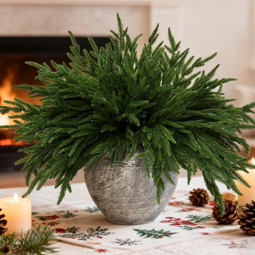 12 PCS 18 Inches Artificial Christmas Norfolk Pine Branch, Natural Touch Norfolk Faux Greenery Pine Stems, Fake Norfolk Picks Christmas Decoratoins for Vase DIY Garland Wreath Xmas Indoor Home Decor