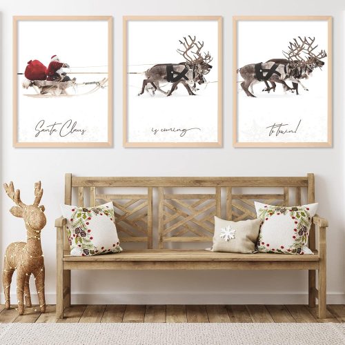1 3Pcs Christmas Wall Art Prints 12x16in Santa Claus Reindeer with Sleigh Art Poster Decor Large Aesthetic Xmas Posters Room Decor for Gallery Living Room Bathroom Wall Decor(UNFRAMED)