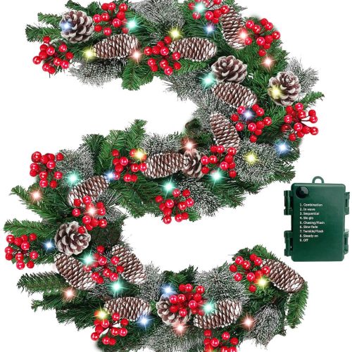 Timer - 9Ft by 10 Inch Prelit Christmas Garland with 50 Colorful Lights, Thick 270 Snowy Tips 70 Red Berry 10 Pinecone Battery Operated 8 Modes Real Touch Cedar Garland Xmas Door Mantle Indoor Outdoor