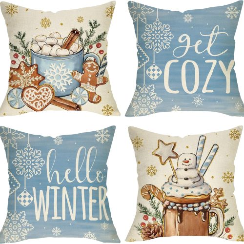 Hello Winter Blue Decorative Throw Pillow Covers 18x18 Set of 4, Get Cozy Hot Cocoa Gingerbread Cookie Snowflakes Porch Outdoor Home Christmas Decor, Holly Berry Pine Cone Snow Couch Cushion Case