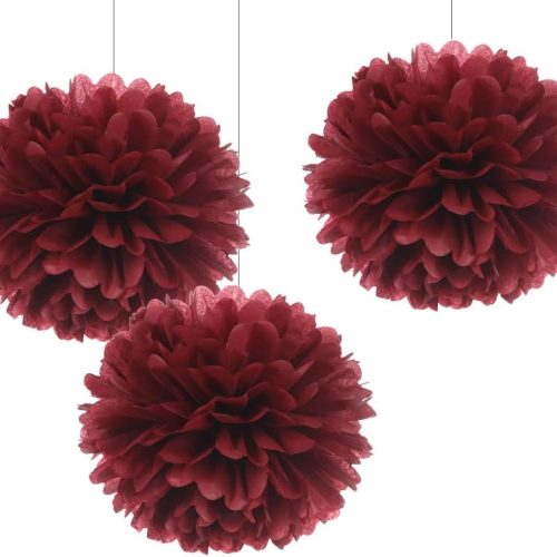 12" Burgundy Tissue Pom Poms DIY Hanging Paper Flower Balls for Bridal Shower Birthday Party Wedding Backdrop Dessert Table Decoration Supplies, Pack of 12