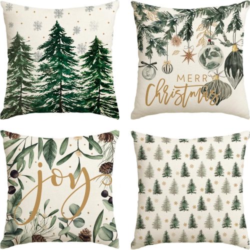 colorlife Merry Christmas Trees Snowflake Throw Pillow Covers, 18 x 18 Inch Joy Xmas Balls Winter Holiday Cushion Case Decoration for Sofa Couch Set of 4
