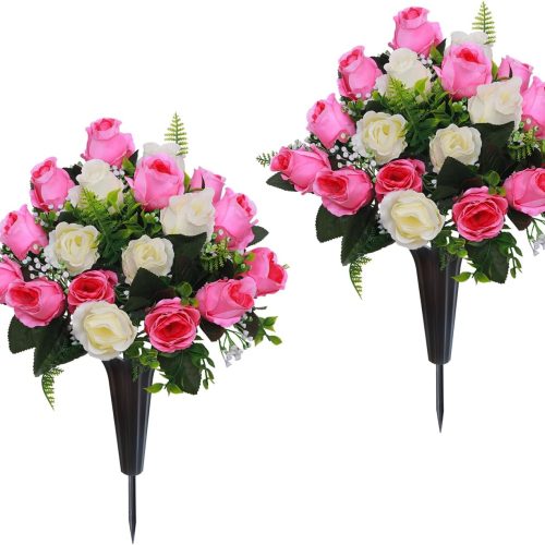 Set of 2 Artificial Cemetery Flowers, Memorial Flowers Bouquet,Grave Memorial Flowers with Vase for Cemetery Headstones Decoration (Pink White)