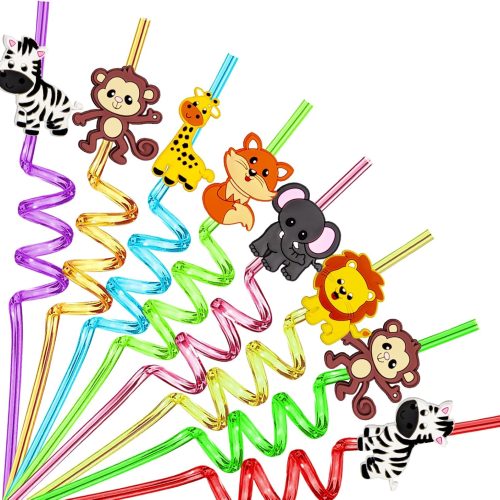 24PCS Jungle Animal Drinking Straws Reusable for Kids Forest Animal Theme Birthday Party Favors Supplies Decorations with 2 PCS Cleaning Brushes (Safari Jungle Animal)