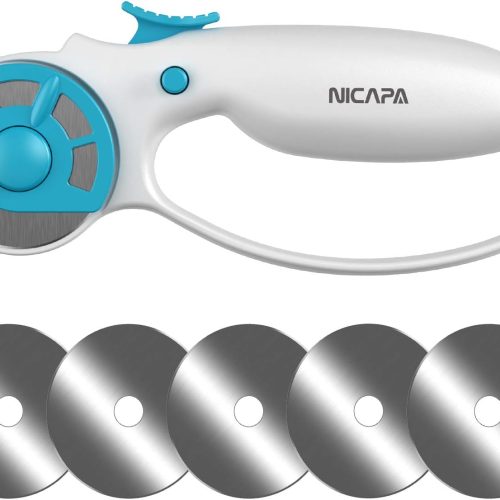 45mm Rotary Cutter for Fabric with Safety Lock Ergonomic Classic Comfort Loop Rotary Cutter for Crafting Sewing Quilting (Extra 5pcs 45mm Replacement Blades Included)