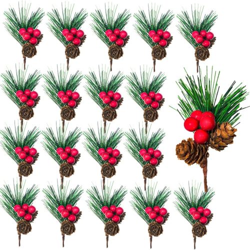 18PCS Pine Needles Branches with Red Berry Stems Pinecones Pine Needles Stems Picks Christmas Artificial Berries Picks for Winter Christmas Crafts