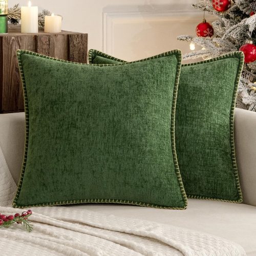 Pack of 2 Christmas Couch Pillow Covers 18x18 Inch Moss Green Farmhouse Decorative Throw Pillow Covers with Stitched Edge Soft Chenille Solid Dyed Pillow Covers for Sofa Bed Living Room