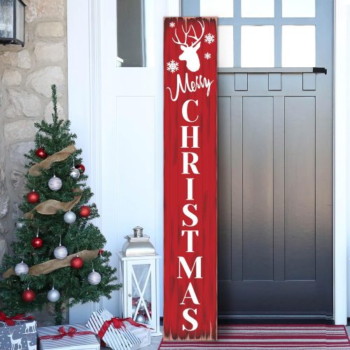 Merry Christmas Welcome Sign for Front Porch Standing, Snowflake Elk Wooden Porch Sign for Xmas Front Door Decorations, Rustic Farmhouse Red Hanging Signs Wall Sign for Christmas Decor 47.2"H
