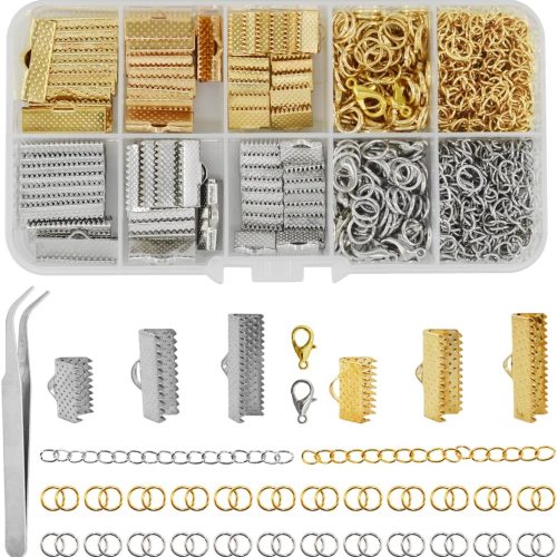 373Pcs Ribbon Bracelet Kit for Jewelry Making Ribbon End Crimps Lobster Clasps Awith Jump Rings and Chain Extenders for DIY Making Bookmark Pinch Bracelet Choker Necklace (Gold and Silver)