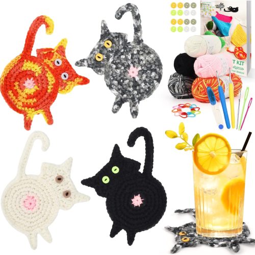Crochet Kit Beginners for Cat Coasters, Creative Crochet Coasters Knitting Kit with Instructions & Extra Crochet Yarns, Easy Crochet Starter Kit Learn to Crochet for Adults/Teenagers