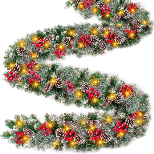 9 Ft Prelit Christmas Garland with Lights 8 Modes Timer 270 Branchs Cedar Snowy Bristle 70 Berry 10 Pinecone Waterproof Battery Operated Christmas Decoration Indoor Outdoor Holiday Decor Mantle Stairs