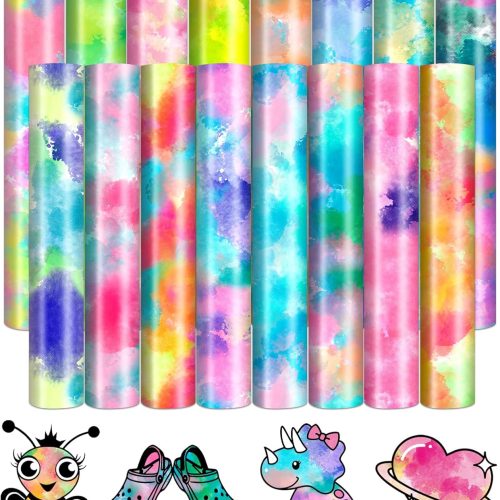 Tie Dye HTV Heat Transfer Vinyl - 16 Sheets 12'' x 10'' Inches Watercolor Patterned HTV Vinyl Tie Dye Heat Transfer Vinyl for T-Shirts DIY Iron on Vinyl