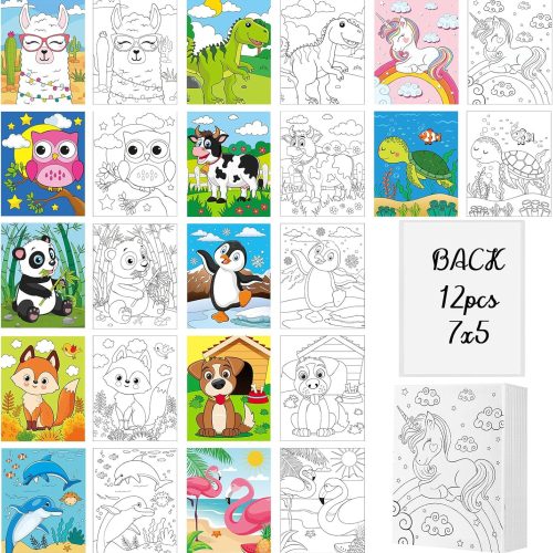 12 Pcs Pre Drawn Canvas for Painting for Boys Girls Pre Printed Cute Bulk Painting Canvas with Pictures to Paint Gift for Valentines Party Favor Activities(5" X 7",Animals)