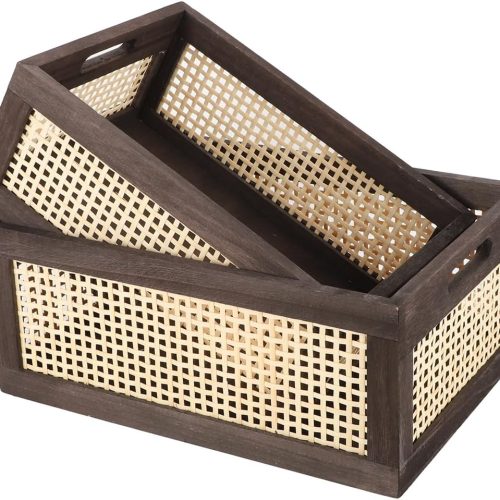 Rattan Storage Baskets, Wicker Storage Baskets for Shelves, Wooden Crate. (Brown-Set2)