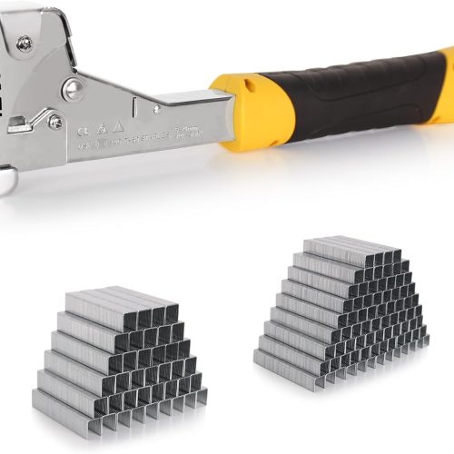 Heavy Duty Hammer Tacker with 6000 T50 Staples of 1/2, 3/8 inches, Steel Construction Manual Hammer Stapler with Anti-jam Magazine for Construction, Roofing, House Wrap, Insulation,Floor