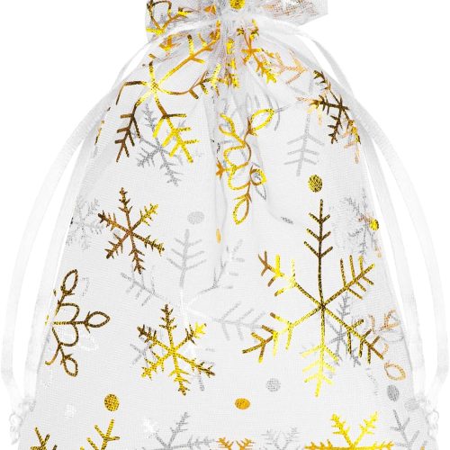 100 PCS 4X6 inch Snowflake Organza Gift Bags Christmas, White Mesh Jewelry Pouches Little Drawstring Candy Bags