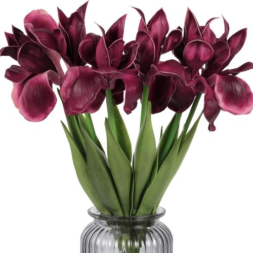 Iris Flowers Artificial Real Touch Flowers 6 PCS 18.9 in Long Stems Artificial Iris for Decoration for Wedding Bridal Home Kitchen Party(Burgundy)